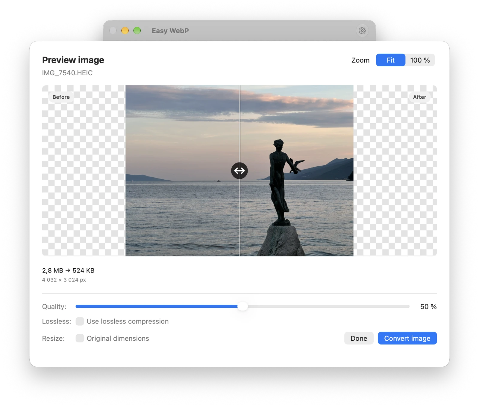 Easy WebP before-and-after preview of a coastal photo, with quality and resize controls