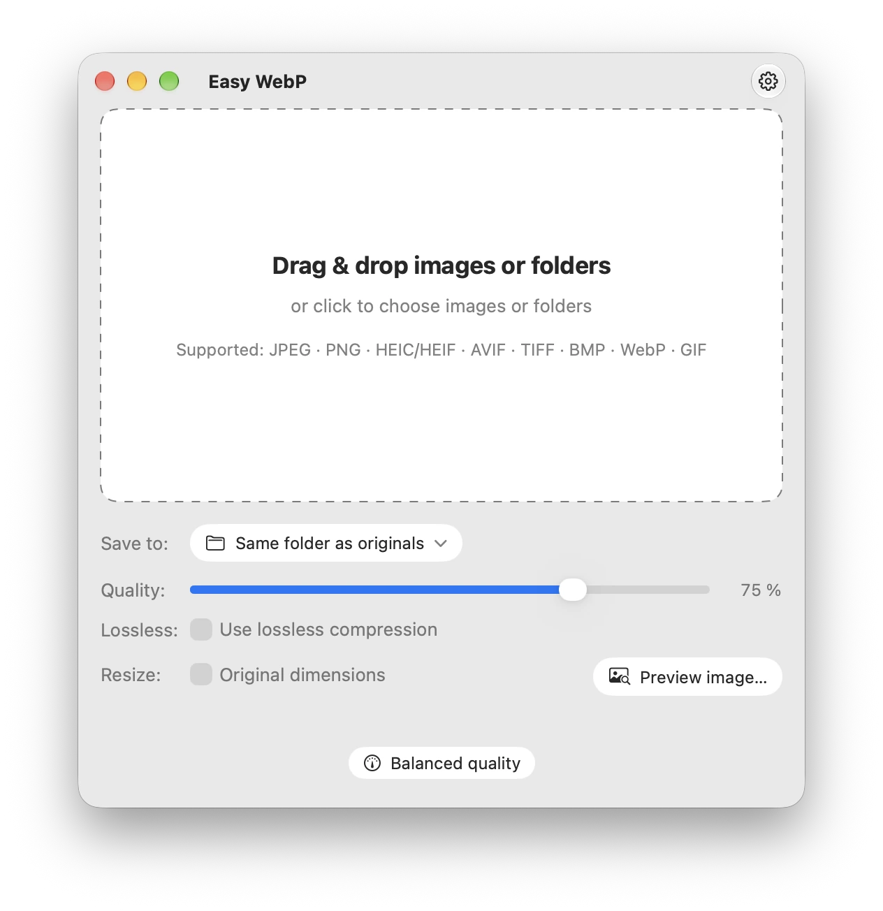 Easy WebP with quality, lossless and resize controls in light mode