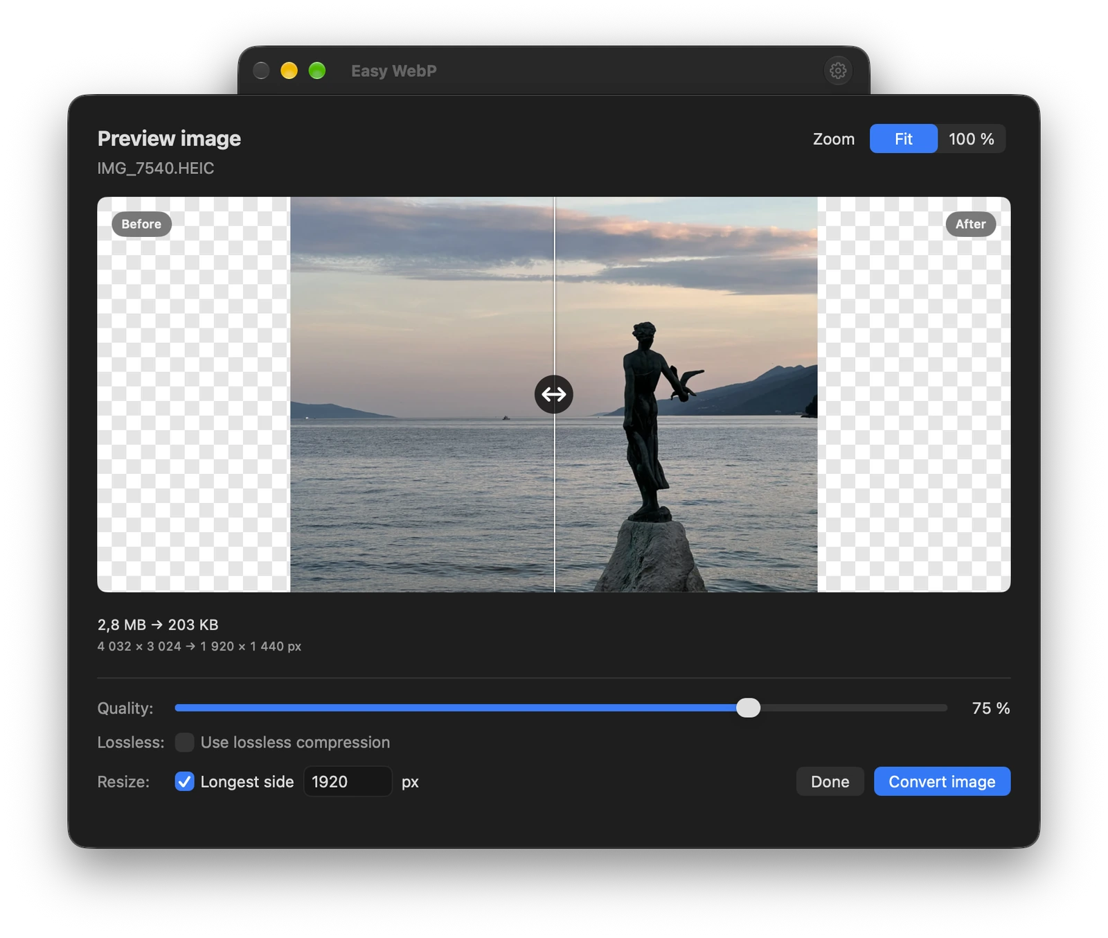 Resize preview showing a 4032 × 3024 photo resized to 1920 × 1440 pixels